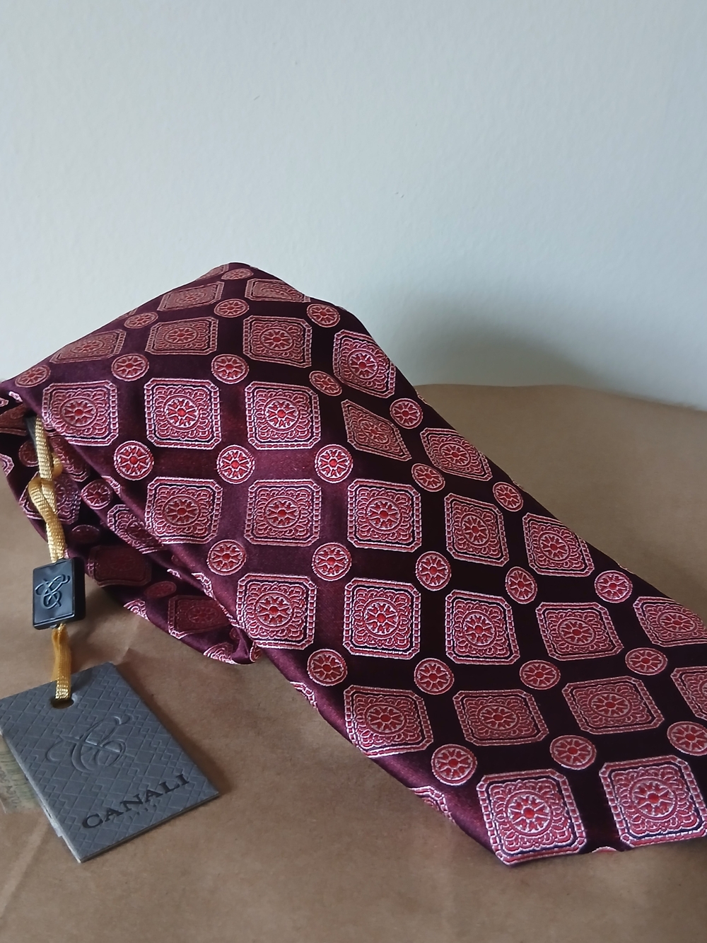 Canali Burgundy and Pink Medallion Silk Tie
